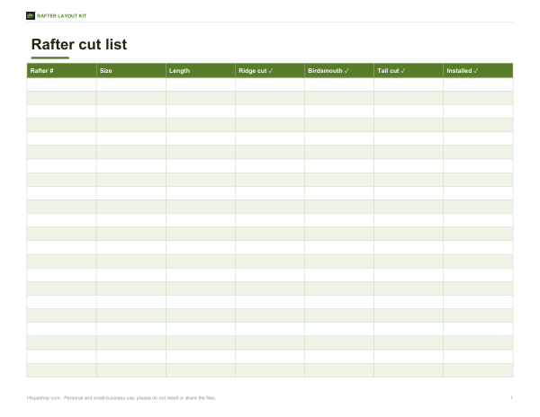 Preview of Printable Rafter Cut List