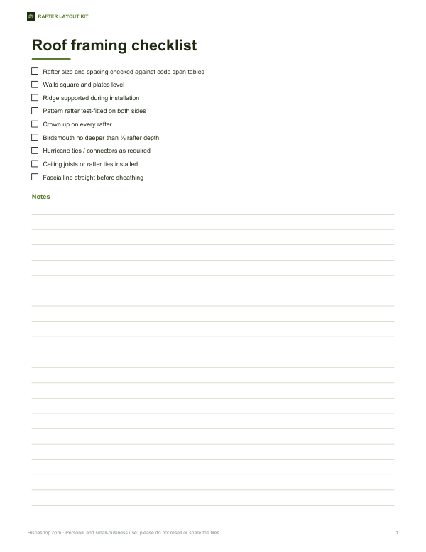 Preview of Printable Roof Framing Checklist