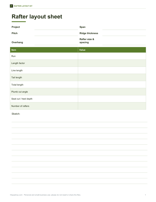 Preview of Printable Rafter Layout Sheet
