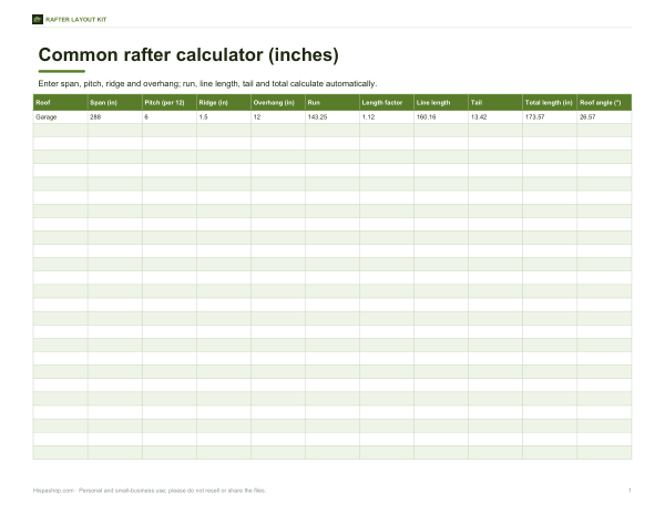 Preview of Printable Rafter Calculator Chart